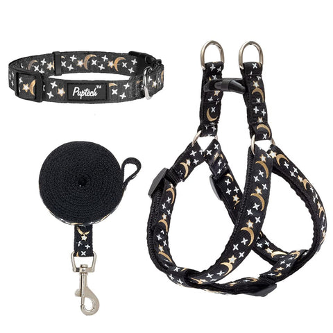 PUPTECK Small Dog Harness Collar Leash Set - No Pull 3 Pieces Adjustable for Puppy Medium Doggie Daily Walking Running Hiking and Training, Glow in The Dark with Star and Moon Pattern Black