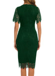 MSLG Women's Elegant Floral Lace Round Neck Short Sleeves Cocktail Party Bodycon Knee Length Dress 931 X-Large Green