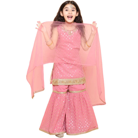 AJ DEZINES Kids Foil Print Sleeveless Kurta and Sharara Set For Girls 6 Years-7 Years