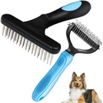 Undercoat Rake for Dogs, Dematting Tool Set Long Haired Dog Grooming Rake Brush + Deshedding Brush Comb, Under Coat Brush Cat Rake with Double Row Stainless Steel Pins