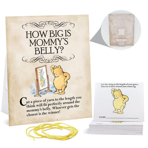 40 Guests How Big Is Mommy's Belly Game, Includes 40 Cards and Ropes, Classic Winnie Baby Shower Games, Sign with 40 String Card Name Tag Girl or Boys