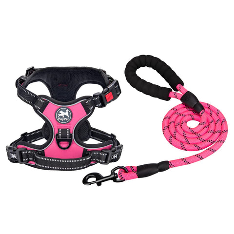 PoyPet Dog Harness and Leash Combo, Escape Proof No Pull Vest Harness, with 5 Feet Leash, Reflective Adjustable Soft Padded Pet Harness with Handle for Small to Large Dogs(Pink,M) Medium Pink