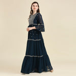 madhuram Women and Girls Fox Georgette Boat Neck with 3/4 Sleeve and Sequence Embroidery Lace Work Anarkali Gown