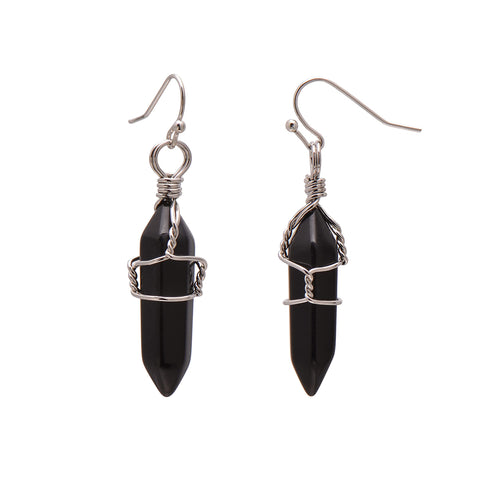 Black Onyx Wire Wrapped Point Crystal Earrings for Women Reiki Energy Healing Black Onyx