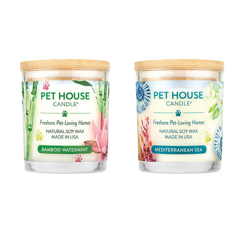 One Fur All, Pet House Candle - 100% Soy Wax Candle - Pet Odor Eliminator for Home - Non-Toxic and Eco-Friendly Air Freshening Scented Candles (Pack of 2, Bamboo Watermint/Med Sea) Pack of 2