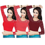 Life Win Stretchable Blouse 28 to 46 Size Cotton Lycra for Women (Pack of-3) Red::Gajr1::Pink