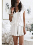 LuckyMore Women's Pajama Short Sleeve Sleepwear Soft Pj Set V Neck Top and Shorts Pajamas Set XX-Large 01white