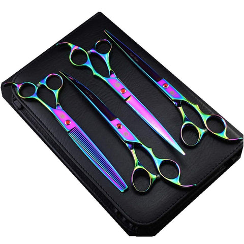 Purple Dragon 8 Inch Professional Pet Grooming Scissors Sets Dog Grooming Shear 1 Pc STRAIHT & 1 PcTHINNING & 2 Pcs Curved Scissors Multicolor