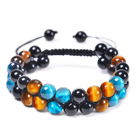 OAHERAS Beaded Bracelets for Men and Women Triple Protection Spiritual Healing Natural Yellow Blue Tiger Eye and Black Obsidian 8mm Stone Bead Energy Crystal Bracelet - Bring Good Luck and Happiness