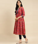 rangita Women Rayon Floral Printed Calf Length Tiered Kurti with Contrast Placket and Side Tie Ups