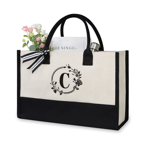 TOPDesign Personalized Initial Canvas Beach Bag, Monogrammed Gift Tote Bag for Women C