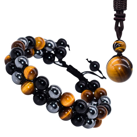 XonyiCos Triple Protection Bracelet,Made by hand Crystal Bracelet for Men Women Tiger Eye Beads Hematite and Black Obsidian Natural Stone 8mm Healing Bracelets Good Luck Prosperity Happiness Yellow Tiger Eyes