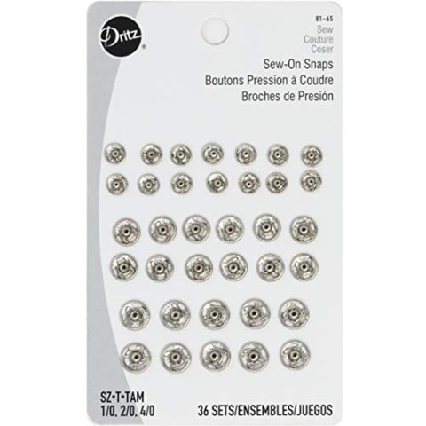 Dritz 81-65 Sew-On Snaps, Size 1/0, 2/0 & 4/0, Nickel-Plated Brass, 36 Count