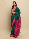 manvish drapes Gadwal Silk Cotton saree with Buttas and Peacock Border Saree with Contrast Blouse Piece (GREEN-RANI)