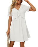 WEESO Summer Beach Flowy Dresses for Women 2023 Babydoll Empire Elastic Waist Short Sleeve Dress Large Cream White(have Lining)