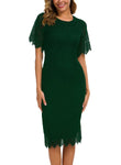 MSLG Women's Elegant Floral Lace Round Neck Short Sleeves Cocktail Party Bodycon Knee Length Dress 931 X-Large Green