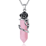 XIANNVXI Rose Flower Pendant Necklace for Women Healing Crystals Hexagonal Stones Necklaces Reiki Spiritual Natural Gemstone Quartz Point Jewelry Pink