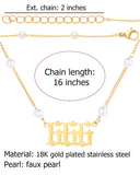 TGOLM Angel Number Necklace 18k Gold Plated Stainless Steel Faux Pearl Choker Chain Gift for Women Girl 16" 444