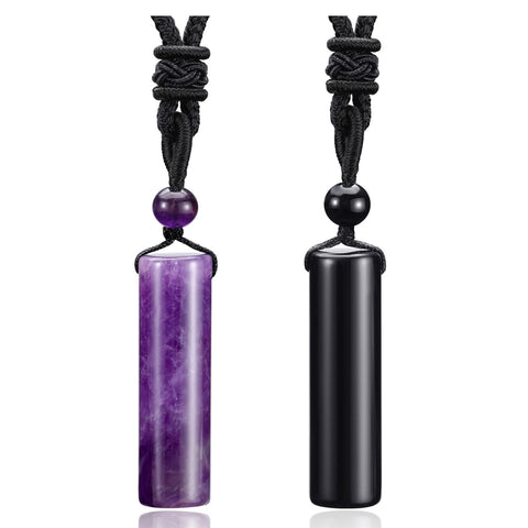 Top Plaza 2 Pcs Amethyst Black Obsidian Healing Crystal Stone Necklaces for Men Women Cylindrical Pendant Amulet Protection Necklaces Adjustable Braided Cord Natural Quartz Gemstone Necklace Jewelry Amethyst+Black Obsidian