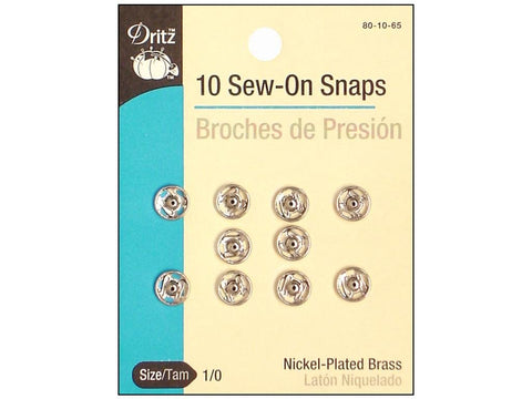 Dritz 80-10-65 Sew-On Snaps, Nickel-Plated Brass, Size 1/0 10-Count 1 Count (Pack of 10)