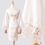 DQSSYTTX Bride Bridesmaid Robes with Lace Trim Embroidery Silky Satin Bathrobe for Women Wedding Party Sleepwear Kimono Robe X-Large White