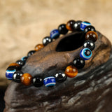 Quadruple protection bracelets for men and women（evil eye, tigers eye,hematite, obsidian）A handmade beaded crystal healing bracelet that can bring luck, happiness and protection(8mm elastic) 8mm elastic