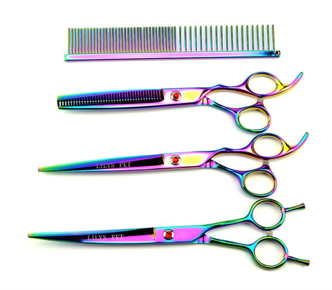 LILYS PET Professional PET Grooming scissors Kit,Coated Titanium,Sharp and Strong Stainless Steel Blade for Dogs Cats Hair Cutting,3 Pieces of Scissors with a Comb and a Case (7.0 inches, Rainbow) 7.0 inches