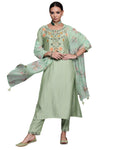 INDO ERA Women's Silk Blend Floral Straight Kurta Pant with Dupatta Set