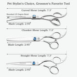 Moontay Professional Dog Grooming Straight, Curved, Thinning/Blending/Chunking Scissors Kit, JP-440C Stainless Steel Pet Cat Hair Cutting/Trimming Shears, Silver 7" Set ( Straight & Curved & Chunker )