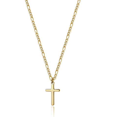 14K Gold Filled Cross Necklace for Men Figaro Chain Stainless Steel Plain Polished Cross Pendant Necklace Simple Faith Jewelry Gift for Boy Women Girls 24.0 Inches small cross pendant(1.0"*0.6")