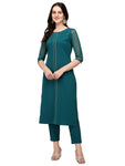 FIORRA Women's Teal Blue Poly Crepe Straight Kurta with Pant and Dupatta SET0037