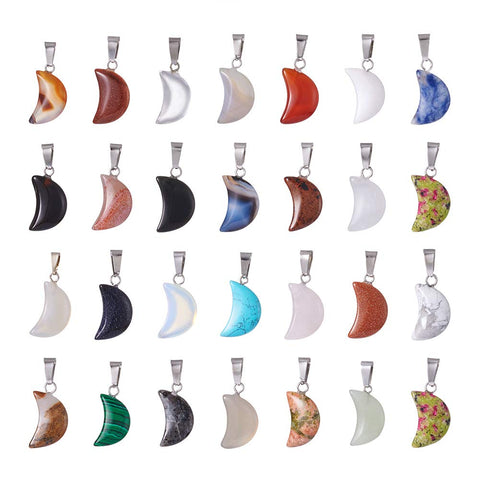 FASHEWELRY 50Pcs Crescent Moon Shaped Mixed Stone Pendants Healing Crystal Quartz Chakra Reiki Gemstone Charms for Necklace Jewelry Making Hole: 2x7mm 1-Mixed Color-Moon-Random