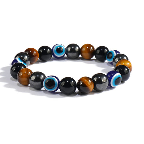 mens beaded bracelets（evil eye, tigers eye,hematite, obsidian）A handmade beaded crystal healing bracelet that can bring luck, happiness and protection(10mm elastic) 10mm elastic