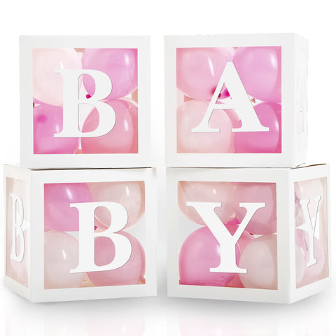 Baby Boxes with Letters for Baby Shower - Baby Shower Box Set of 45 pcs, 33 Pink White Balloons, 4 Clear Blocks, 8 Letters - Gender Reveal Decorations, Party Backdrop for Boys & Girls Birthday White Boxes With Pink & White Balloons