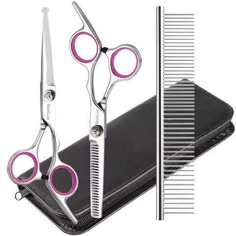 Bamlue Dog Grooming Scissors Stainless Steel Safety Round Tip Professional Anti-Rust Shears Set Pet Grooming Scissors Kit,Thinning Straight Comb for Long Short Hair for Dogs/Cats/Pet-Pink Pink