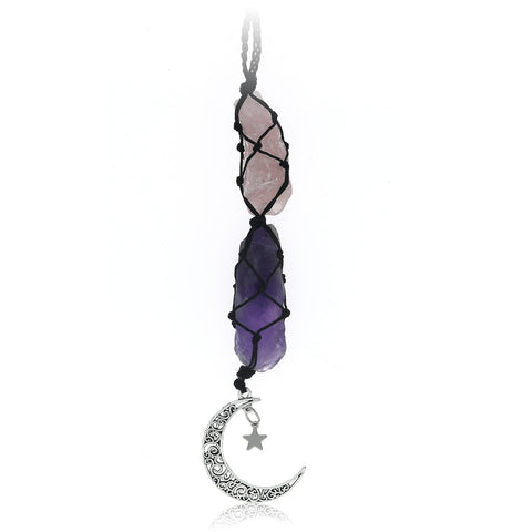 BOHO GARDEN Hanging Car Charm - Rose Quartz, Amethyst - Dangling Moon, Healing Crystal Accessories, Rearview Mirror Decorations - Love, Connection, Self-Worth, Balance, Intuition, Spirituality, Energy Rose Quartz-amethyst