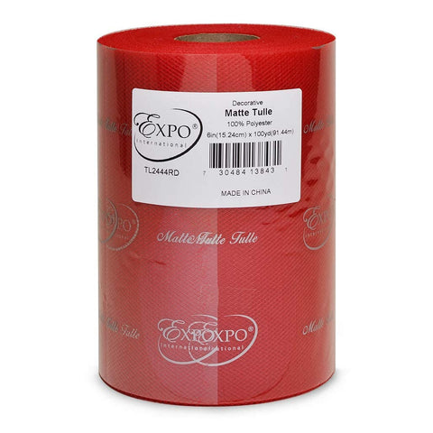 Expo International Decorative Matte Tulle, Roll/Spool of 6 Inches X 100 Yards, Polyester-Made Tulle Fabric, Matte Finish, Lightweight, Versatile, Washable, Easy-to-Use ; Red