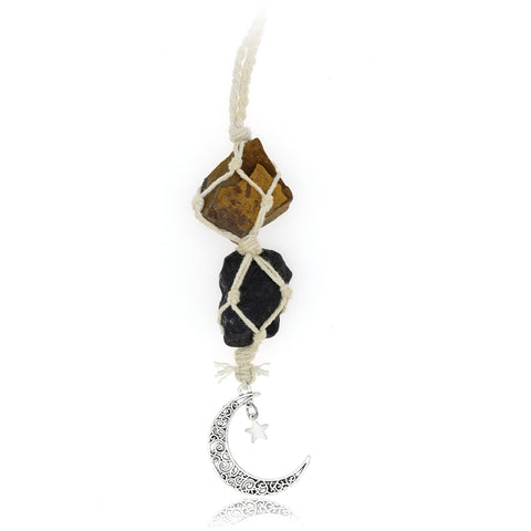 BOHO GARDEN Hanging Car Charm - Tiger Eye & Black Tourmaline - Dangling Moon, Healing Crystal Accessories, Rearview Mirror Decorations - Grounding, Confidence, Protection, Courage, Resilience, Energy Tiger's Eye-tourmaline
