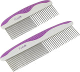 Poodle Pet Dog Combs for Grooming | 2 Pack | Stainless Steel Teeth Easily Remove Dirt | Proper Care Prevents Knots and Mats for Long and Short Haired Pets |Anti-Slip Comfort Grip Handle| Purple