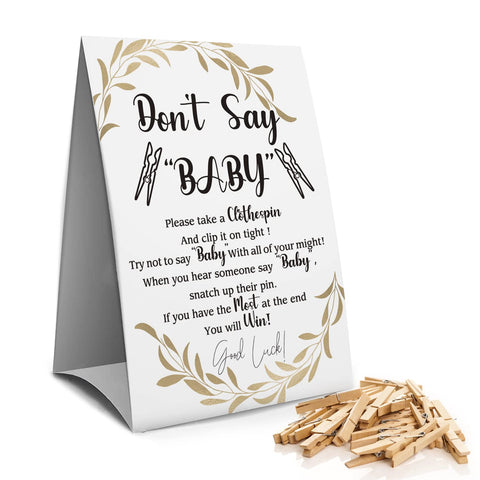 Don't Say Baby Clothespin Games Sign(1 Sign + 50 Mini Clothespins), Baby Shower Games, Golden Leaf,Gender Neutral Baby Shower (1D)