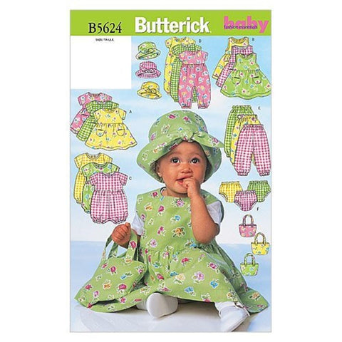 BUTTERICK PATTERNS B5624 Infants' Dress, Jumper, Romper, Jumpsuit, Panties, Hat and Bag, Size NB0 (NB-S-M)