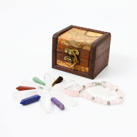 Nvzi Crystals and Healing Stones Set in Wooden Display Box, Gemstones and Crystals Kit, 7 Chakra Stones, Raw Crystals for Beginners, Spiritual Gifts for Women, Witchcraft Supplies and Tools Rose Quartz Bracelet Set
