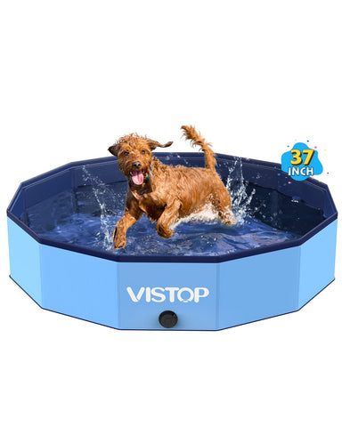 VISTOP Medium Foldable Dog Pool, Hard Plastic Shell Portable Swimming Pool for Dogs Cats and Kids Pet Puppy Bathing Tub Collapsible Kiddie Pool (37 inch.D x 7.8inch.H, Blue) 37 inch
