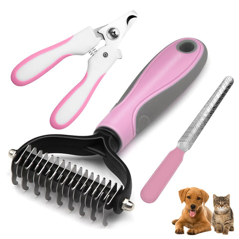Undercoat Rake for Dogs and Cats with Nail Clippers Trimmers, 2 Sided Pet Grooming Brush Dog Deshedding Tools Removes Knot Tangled Hair Dematting Comb Grooming Supplies for Dogs and Cats (Pink) Pink