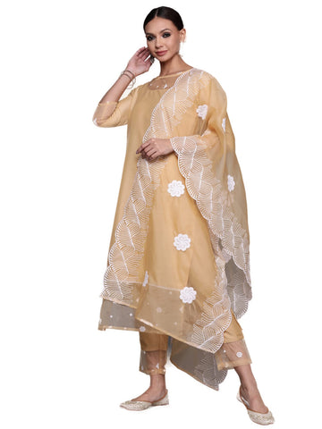 INDO ERA Women's Silk Blend Floral Straight Kurta Pant With Dupatta Set