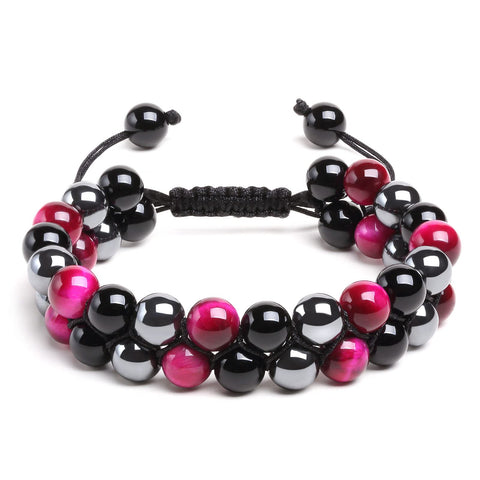 OAHERAS Beaded Bracelets for Women Triple Protection Spiritual Healing Natural Pink Tiger Eye Black Obsidian and Hematite 8mm Stone Bead Energy Crystal Bracelet - Bring Good Luck and Happiness