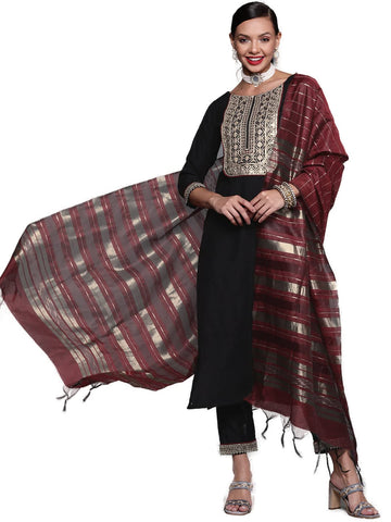 INDO ERA Women's Embroidered Viscose Straight Kurta Trouser With Dupatta Set