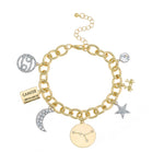 Madison Tyler Personalization Collection Gold Plated Zodiac Constellation Symbol, Name Plate, Moon, Constellation, Star, and Stone Charm Chain Bracelet for Women