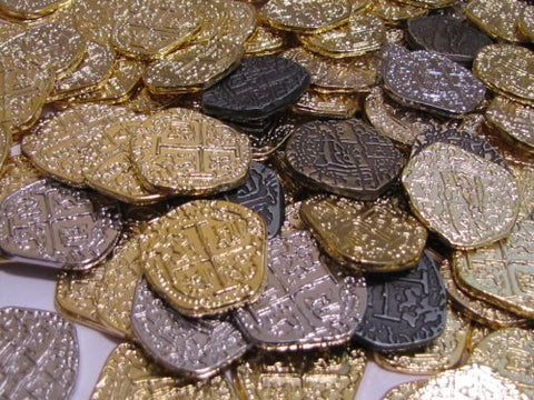 Metal Pirate Coins -100 Gold and Silver Spanish Doubloon Replicas - Fantasy Metal Coin Pirate Treasure - Gold, Silver, Antique and Rustic Style Finishes by Beverly Oaks