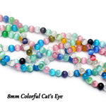 70PCS Natural 8MM Healing Gemstone, Synthetic Cat’s Eye Energy Stone Round Loose Beads, Semi-Precious Crystal Beads with Free Elastic String for Jewelry Making DIY